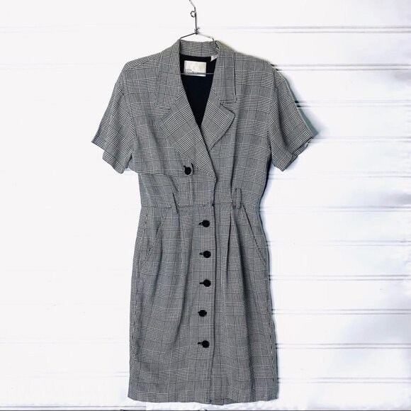 VINTAGE DANA BUCHMAN BLACK HOUNDSTOOTH BUTTON DOWN CLASSIC POCKET DRESS … - Picture 4 of 17